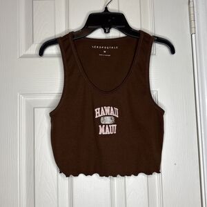 Aeropostale Crop Tank Top M Brown Hawaii Maui Graphic Ribbed Sleeveless Shirt